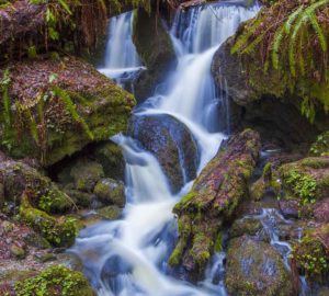 Waterfall cascading over mossy rocks