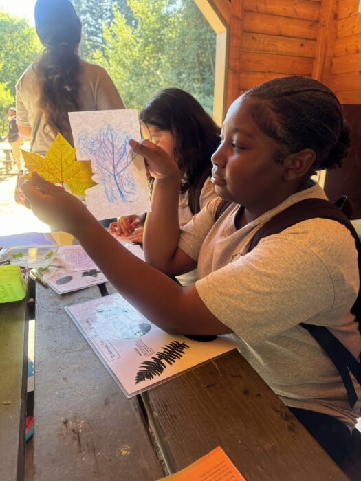 a girl holds up a leaf as well as a white paper that has similar leaf markings to the camera
