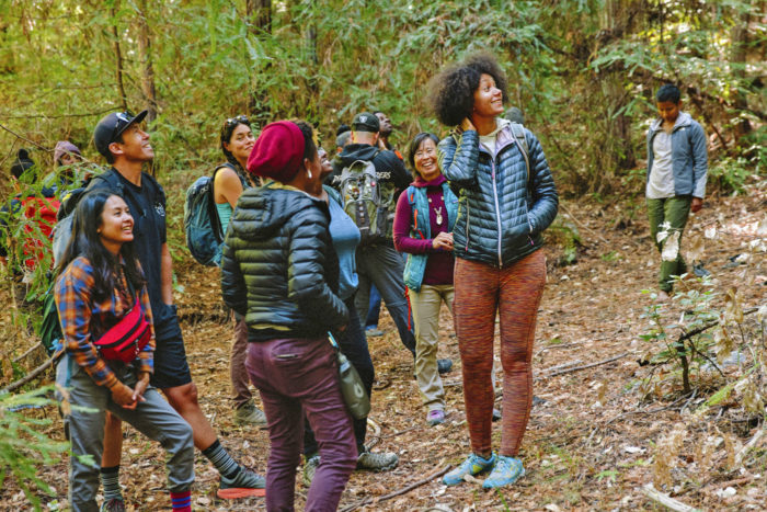 diverse group of people surrounded by redwood trees