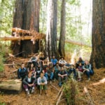diverse group of people surrounded by redwood trees