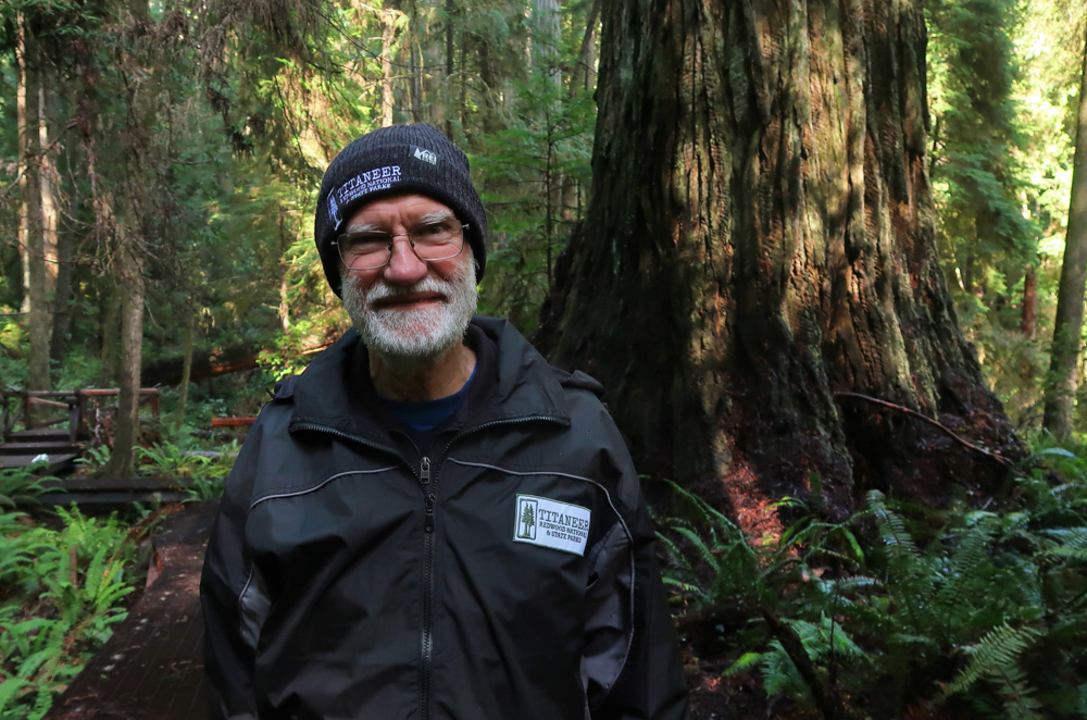 A smiling person shown from chest up in a redwood forest.