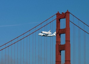 The space shuttle Endeavour passing the Golden Gate Bridge. Photo by Galileo55, Flickr Creative Commons