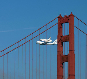 The space shuttle Endeavour passing the Golden Gate Bridge. Photo by Galileo55, Flickr Creative Commons