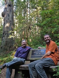 Steve Cheney and I enjoy a break on the Lawrence Merriam Memorial Grove bench on the Little Bald Hills Trail.