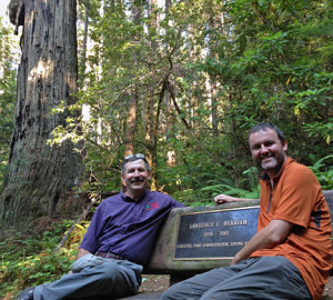 Steve Cheney and I enjoy a break on the Lawrence Merriam Memorial Grove bench on the Little Bald Hills Trail.