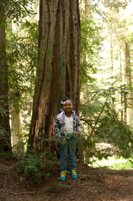 A young girl smiles at the camera as she enjoys exploring a redwood park. She is standing in front of a young redwood tree.