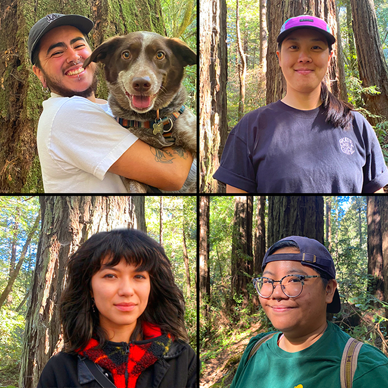 Portraits of Jai Ledesma, Kim Woozy, Sam Mercado and host Emily Harwitz outdoors