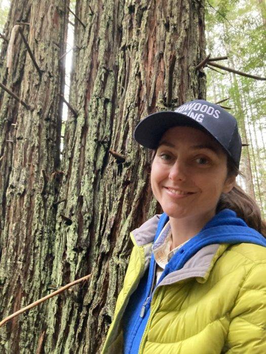 A woman wearing a baseball cap stands in front of a coast redwood tree.