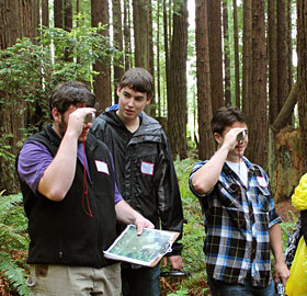 Arcata High School students measure tree height using a clinometer. Your League support enabled them and others to explore forest stewardship careers. Photo by The Forest Foundation