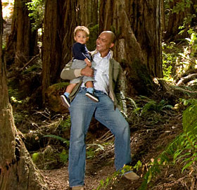 League Councillor Blake Williams shares his enthusiasm for the redwoods with his child. Photo by Paolo Vescia