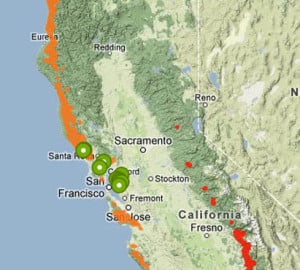 Our Redwood Watch map shows the coast redwood range in orange and giant sequoia range in red. You can help scientists research the effects of climate change on redwood forests by taking photos that will be placed on this map. Map by iNaturalist