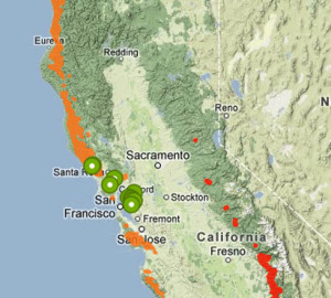 Our Redwood Watch map shows the coast redwood range in orange and giant sequoia range in red. You can help scientists research the effects of climate change on redwood forests by taking photos that will be placed on this map. Map by iNaturalist