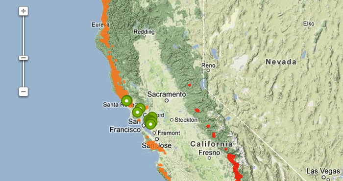 Our Redwood Watch map shows the coast redwood range in orange and giant sequoia range in red. You can help scientists research the effects of climate change on redwood forests by taking photos that will be placed on this map. Map by iNaturalist