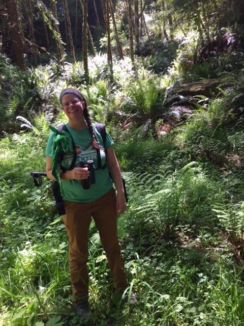 A woman wearing glasses, a green t-shirt, and brown pants stands in the middle of green ferns.