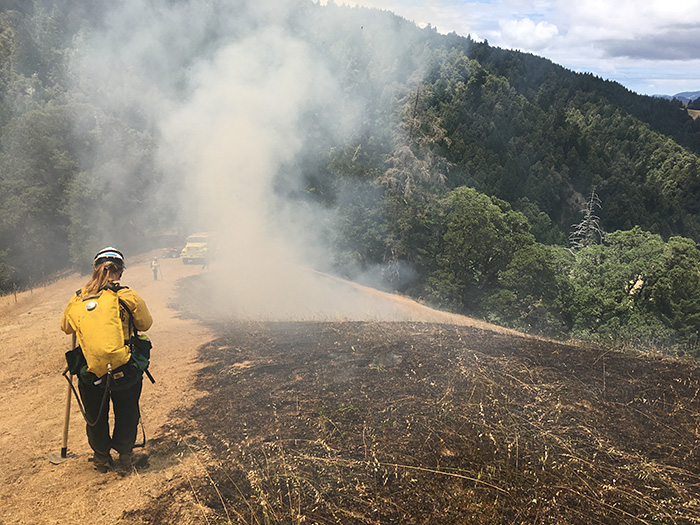 A team member monitors the controlled burn.