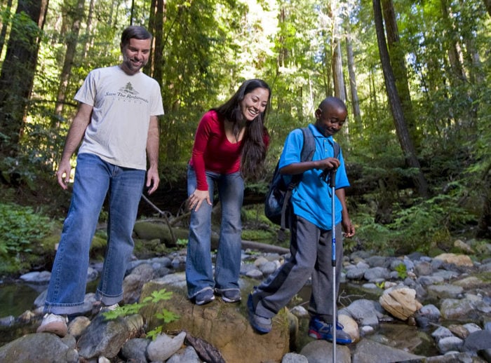 man, woman and kid hiking in the redwoods