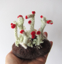 Knitted toy soldier lichen by Celeste Woo.