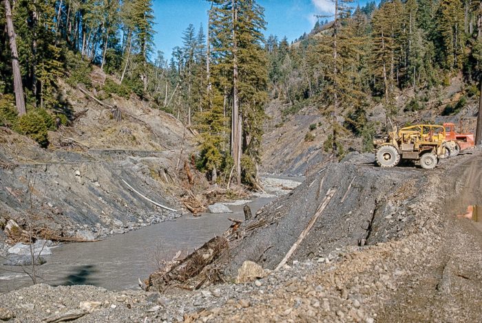 A creek with murky water in a logged redwood forest with bulldozers