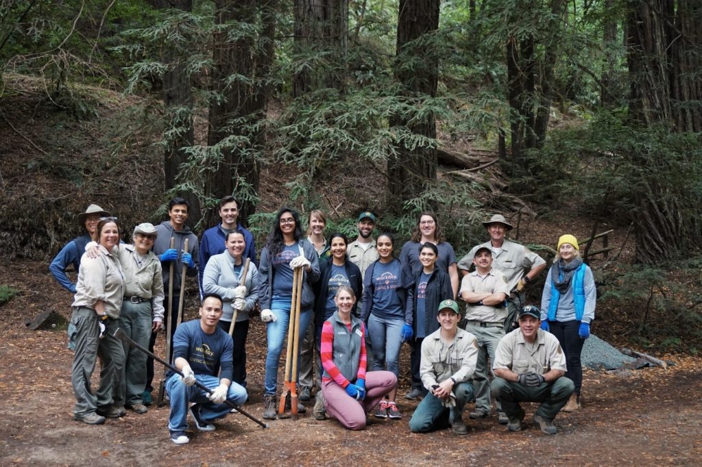 East Bay Regional Parks Director Dee Rosario (back, left), Workday volunteers, Parks rangers, and League staff.